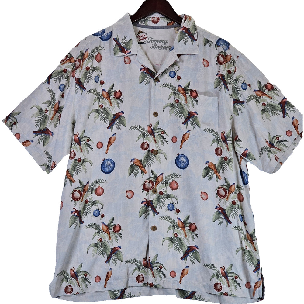 Tommy Bahama Christmas Shirt 100% Silk Aloha Palms Ornaments Birds Large